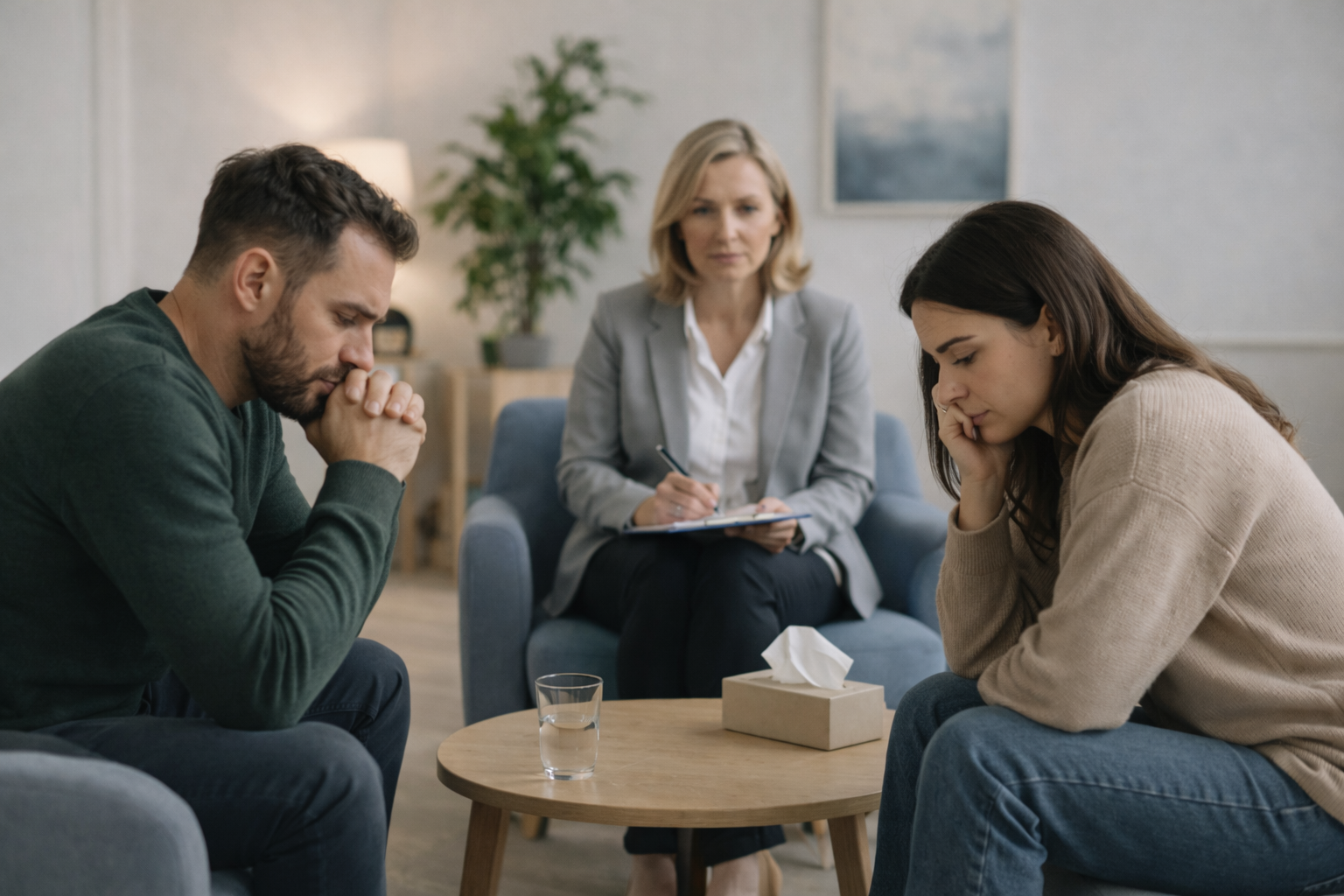 Illustration of two people sitting at a table, having a calm conversation